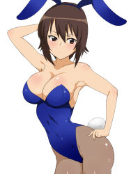Rule 34 | 10s, 1girl, animal ears, arm up, armpits, bare arms, bare shoulders, black leotard, black pantyhose, blush, breasts, brown eyes, brown hair, cleavage, collarbone, covered navel, cowboy shot, fake animal ears, fake tail, female focus, girls und panzer, hair between eyes, hand on own hip, highleg, highres, kagemusha, large breasts, leotard, looking at viewer, neck, nishizumi maho, pantyhose, playboy bunny, rabbit ears, rabbit tail, serious, shiny skin, short hair, shy, smile, solo, standing, strapless, strapless leotard, tail, white background