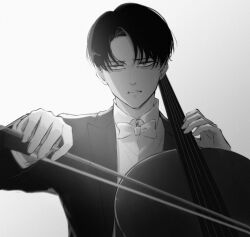 Rule 34 | 1boy, absurdres, bags under eyes, bow, bow (music), bowtie, commentary request, double bass, frown, greyscale, highres, holding, holding bow (music), instrument, jacket, levi (shingeki no kyojin), male focus, monochrome, music, playing instrument, shingeki no kyojin, sirius 0905hz, solo, sweatdrop, traditional bowtie, tuxedo, upper body