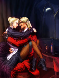 Rule 34 | 1boy, 1girl, alcohol, black skirt, blonde hair, blue eyes, boots, bottle, brown pantyhose, couple, crescent moon, cup, drinking glass, earrings, facial hair, fingerless gloves, forehead-to-forehead, formal, from side, gloves, heads together, hetero, hug, jewelry, leg lock, pantyhose under shorts, lips, long skirt, mature (kof), moon, mustache, night, pant suit, pants, pantyhose, rugal bernstein, rukiana, shorts, shorts under skirt, signature, sitting, sitting on lap, sitting on person, skirt, snk, suit, the king of fighters, wine, wine glass