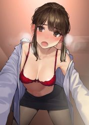 Rule 34 | 1girl, all fours, bare shoulders, black pantyhose, blush, bra, breasts, brown eyes, brown hair, cleavage, commentary, douki-chan (douki-chan), ganbare douki-chan, highres, looking at viewer, navel, open clothes, open mouth, pantyhose, pencil skirt, red bra, sidelocks, skirt, solo, teeth, underwear, yomu (sgt epper)