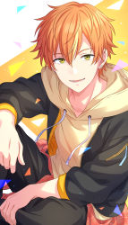 Rule 34 | :d, absurdres, black jacket, black pants, blonde hair, confetti, ear piercing, earrings, green eyes, highres, hood, hood down, hoodie, jacket, jewelry, looking at viewer, multicolored hair, open clothes, open jacket, open mouth, orange hair, pants, piercing, project sekai, resolution mismatch, sekina, shinonome akito, short hair, simple background, sitting, smile, solo, source smaller, two-tone hair, yellow hoodie