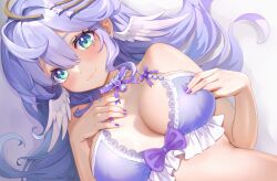 Rule 34 | 1girl, bed sheet, bra, breasts, choker, closed mouth, dutch angle, finn flint, frilled choker, frills, green eyes, hair between eyes, halo, hands on own chest, head wings, highres, honkai: star rail, honkai (series), large breasts, long hair, looking at viewer, nail polish, on bed, purple bra, purple hair, purple nails, robin (honkai: star rail), smile, solo, underwear, underwear only, upper body, wings