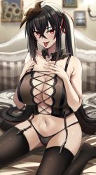 Rule 34 | 1girl, alternate costume, azur lane, bare shoulders, black hair, black panties, breasts, cleavage, crossed bangs, detached collar, garter straps, hair between eyes, hair ribbon, hands on own chest, highres, large breasts, long hair, looking at viewer, mask, mask on head, navel, nicky w, panties, pillow, red eyes, ribbon, saliva, sitting, solo, taihou (azur lane), thighhighs, tongue, tongue out, twintails, underwear, very long hair