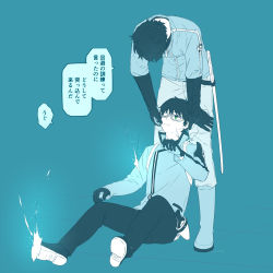Rule 34 | 2boys, amputee, aqua background, aqua theme, blue theme, boots, cheek pinching, commentary, cracked skin, cuts, electricity, emblem, facing down, full body, futaba 08 cnmrl, glasses, gloves, grey footwear, hand up, highres, injury, jacket, karasuma kyousuke, knee boots, knees up, leaning forward, light particles, long sleeves, looking at another, looking away, looking up, male focus, mikumo osamu, monochrome, multiple boys, on ground, opaque glasses, pants, pants tucked in, partially opaque glasses, pinching, semi-rimless eyewear, sheath, sheathed, shoe soles, shoes, short hair, shoulder guard, simple background, sitting, spot color, standing, sword, symbol-only commentary, tile floor, tiles, torn clothes, translation request, under-rim eyewear, uniform, weapon, world trigger, zipper pull tab