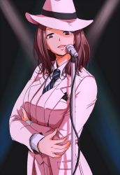 Rule 34 | 1girl, anbj, breasts, brown eyes, brown hair, coat, cowboy shot, diagonal-striped clothes, diagonal-striped necktie, idolmaster, idolmaster cinderella girls, large breasts, medium hair, microphone, microphone stand, necktie, open mouth, sawada marina, smile, solo, striped clothes, upper body, white coat
