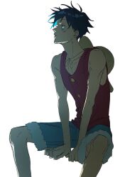 Rule 34 | 1boy, bad id, bad twitter id, black hair, buttons, hat, highres, invisible chair, looking to the side, male focus, monkey d. luffy, one piece, profile, red shirt, scar, scar on face, shirt, shorts, sitting, sleeveless, sleeveless shirt, solo, wudus6