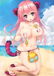Rule 34 | 1girl, absurdres, animal ears, areola slip, blush, breast hold, breasts, cat ears, cat girl, cat tail, fangs, female focus, highres, kneeling, large breasts, long hair, looking at viewer, navel, open mouth, pasties, pink hair, purple eyes, smile, solo, swimsuit, tail, topless, toranoana, undressing, wet, yoshiwo