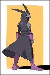 Rule 34 | 1other, black border, black coat, boots, border, coat, commentary request, from behind, gloves, highres, looking at viewer, looking back, master (muu), muu (mumumer), original, purple footwear, purple gloves, red eyes, shadow, solo, two-tone background, white background, yellow background