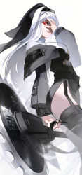 Rule 34 | 1girl, absurdres, arknights, black footwear, black headwear, black nails, black thighhighs, blush, breasts, capelet, circular saw, coat, covering one eye, cowboy shot, garter straps, grey capelet, grey coat, grey hair, habit, hair between eyes, hand up, highres, holding, holding weapon, hoojiro, jewelry, long hair, looking at viewer, nail polish, necklace, nun, off shoulder, open clothes, open coat, pelvic curtain, red eyes, saw, small breasts, smile, specter (arknights), thighhighs, turtleneck, weapon, white background