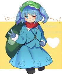 Rule 34 | 1girl, ;d, backpack, bad id, bad twitter id, bag, black pantyhose, blue dress, blue eyes, blue gloves, blue hair, blush, cropped legs, dress, gloves, grin, hair bobbles, hair ornament, hat, kawashiro nitori, long sleeves, looking at viewer, matching hair/eyes, nose blush, one eye closed, open mouth, pantyhose, pocket, red scarf, scarf, shirt, short hair, skirt, skirt set, smile, solo, tori (otori), touhou, twintails, twitter username, two side up, v, wings