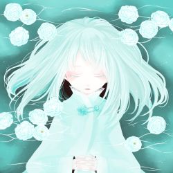 Rule 34 | 1girl, closed eyes, female focus, flower, gradient background, original, own hands clasped, own hands together, plant, solo, sym (s-a), white hair