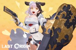 Rule 34 | 1girl, absurdres, animal ears, black hair, black panties, blush, breasts, brown eyes, cleavage, copyright name, dog ears, dog girl, dog tail, garter straps, gloves, grey hair, gun, hachiko of castling, highres, holding, holding gun, holding weapon, large breasts, last origin, long sleeves, looking at viewer, multicolored hair, open mouth, panties, short hair, smile, sohn woohyoung, solo, split-color hair, tail, teeth, underwear, upper teeth only, weapon, white gloves