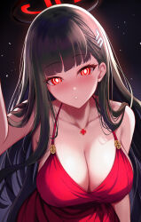 Rule 34 | 1girl, :o, absurdres, alternate costume, bare shoulders, black hair, black halo, blue archive, blunt bangs, blush, breasts, bright pupils, cleavage, clover ornament, commentary, dress, hair ornament, hair over shoulder, hairclip, halo, highres, jewelry, large breasts, long hair, looking at viewer, parted lips, pendant, rain (rain910), red dress, red eyes, rio (blue archive), solo, straight-on, upper body, very long hair, white pupils