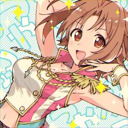 Rule 34 | 1girl, ahoge, arm up, armpits, blue background, breasts, brown hair, cleavage, collarbone, crop top, cropped jacket, hand up, idolmaster, idolmaster cinderella girls, idolmaster cinderella girls starlight stage, jacket, large breasts, looking at viewer, nanonin, navel, open mouth, pink jacket, polka dot, polka dot background, red eyes, saito yoko, short hair, smile, solo, sparkle, text background, wrist cuffs