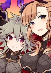 Rule 34 | 10s, 2girls, :d, blush, breasts, brown eyes, cape, draph, gradient background, granblue fantasy, grey hair, hair between eyes, horns, large breasts, long hair, looking at viewer, multiple girls, nozomu144, open mouth, orange hair, red eyes, smile, teeth, threo (granblue fantasy), tweyen (granblue fantasy), upper body