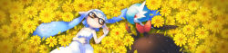 Rule 34 | alternate color, bare arms, brown eyes, closed mouth, creatures (company), dress, eye contact, flower, from above, game freak, gardevoir, gen 3 pokemon, holding, inkling, inkling girl, inkling player character, kikuyoshi (tracco), long image, looking at another, lying, mega gardevoir, mega pokemon, nintendo, on back, outstretched arm, pokemon, pokemon (creature), red eyes, shiny pokemon, smile, splatoon (series), string, white dress, wide image, yellow flower