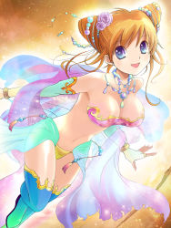 Rule 34 | 1girl, blue eyes, breasts, dancer, elbow gloves, fantasy, fingerless gloves, gloves, hanesaka rio, jewelry, large breasts, looking at viewer, medium hair, navel, necklace, official art, orange hair, purple eyes, smile, solo, weapon girls