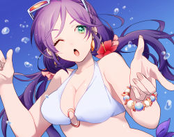 Rule 34 | 10s, 1girl, bare shoulders, bikini, breasts, cleavage, closed eyes, eyewear on head, female focus, flower, gradient background, green eyes, highres, jewelry, large breasts, long hair, looking at viewer, love live!, love live! school idol festival, love live! school idol project, mihatarou, mitaha, one eye closed, open mouth, purple hair, solo, sunglasses, swimsuit, tojo nozomi, twintails, water, wink