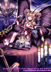 Rule 34 | 1girl, antennae, blue eyes, braid, breasts, bug, butterfly, butterfly wings, candle, candlestand, chair, chandelier, choker, company name, crown, crystal ball, fur scarf, gem, goat, indoors, insect, insect wings, koushi rokushiro, looking at viewer, magnifying glass, medium breasts, official art, scrunchie, sidelocks, sitting, skull, spread legs, table, tablecloth, tarot, twin braids, wings, wrist scrunchie