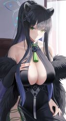 Rule 34 | 1girl, absurdres, animal ear fluff, animal ears, bare shoulders, black dress, black hair, blue archive, breasts, bridal gauntlets, china dress, chinese clothes, cleavage, detached sleeves, dress, feather boa, green eyes, hair ornament, halo, high ponytail, highres, large breasts, leavv, long hair, looking at viewer, revision, shun (blue archive), side slit, sidelocks, smile, solo, tassel, tiger ears