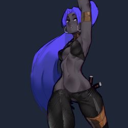 Rule 34 | 1girl, absurdres, arm up, armlet, armpits, assassin (fate/zero), breasts, colored skin, commentary, criss-cross halter, dark-skinned female, dark skin, earrings, english commentary, eyebrows, fate/zero, fate (series), female assassin (fate/zero), grey background, grey eyes, grey skin, halterneck, high ponytail, highres, hoop earrings, jankojaro, jewelry, long hair, lowleg, lowleg pants, medium breasts, narrow waist, navel, neck ring, no panties, pants, purple hair, solo, thick thighs, thighs, tight clothes, tight pants, toned, very long hair