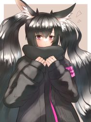 Rule 34 | 1girl, absurdres, animal ear fluff, animal ears, arknights, armband, black hair, black jacket, black scarf, blush, border, brown background, frown, heart, highres, jacket, long hair, long sleeves, looking at viewer, monch (arknights), outside border, purple eyes, scarf, simple background, solo, tesuryu, twintails, upper body, very long hair, white border
