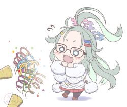 1girl :3 :d =_hair_ornament ahoge aqua_hair black-framed_eyewear blue_archive blue_eyes blush bright_pupils brown_footwear chibi coat commentary confetti fang flying_sweatdrops forehead full_body fur-trimmed_coat fur-trimmed_sleeves fur_trim glasses hair_ornament hairclip halo hands_up happy happy_birthday highres huge_ahoge long_hair meru_(blue_archive) mugisepa open_mouth parted_bangs party_popper simple_background smile solo standing v-shaped_eyebrows very_long_hair white_background white_coat white_pupils winter_clothes