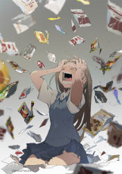 Rule 34 | armpits, artist name, closed eyes, commentary, crying, demizu posuka, gradient background, grey background, hands on own head, highres, kneeling, light brown hair, long hair, open mouth, original, school uniform, screaming, sketch, sobbing, tongue, vest, wrapper