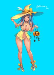 Rule 34 | 1girl, babydoll, blue background, blue hair, breasts, halloween, hat, highres, jack-o&#039;-lantern, large breasts, long hair, looking at viewer, navel, necktie, original, panties, red eyes, simple background, solo, toriseru (rare stone), underwear, witch, witch hat, yellow babydoll, yellow panties