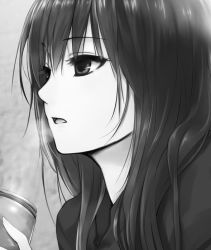 Rule 34 | 1girl, artist request, black eyes, black hair, breath, character request, cold, copyright request, cup, greyscale, long hair, monochrome, mug, open mouth, solo