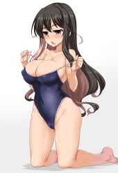 Rule 34 | 1girl, absurdres, ass, bare legs, bare shoulders, barefoot, black hair, blush, breasts, cameltoe, cleavage, collarbone, competition school swimsuit, covered erect nipples, covered navel, fang, full body, groin, highres, kantai collection, kneeling, large breasts, long hair, multicolored hair, naganami (kancolle), one-piece swimsuit, open mouth, school swimsuit, solo, swimsuit, thighs, yoshi tama