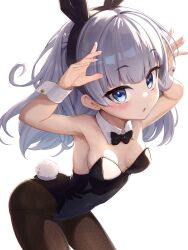 Rule 34 | 1girl, absurdres, animal ears, black bow, black bowtie, black leotard, black pantyhose, blue eyes, bow, bowtie, breasts, detached collar, dolphin wave, grey hair, highres, leotard, long hair, pantyhose, playboy bunny, rabbit ears, rabbit pose, rabbit tail, schnee weissberg, simple background, small breasts, solo, strapless, strapless leotard, tail, user dvnf8582, white background, wrist cuffs