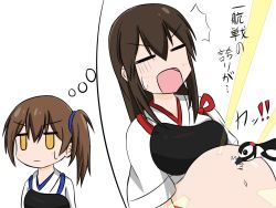 Rule 34 | akagi (kancolle), artist request, belly, bird, brown hair, flat color, highres, japanese clothes, kaga (kancolle), kantai collection, long hair, multiple girls, muneate, penguin, scene reference, side ponytail, simple background, stomach, straight hair, translation request, v-shaped eyebrows, white background