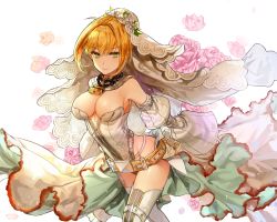 Rule 34 | 10s, 1girl, ahoge, armpits, bare shoulders, belt, belt skirt, blonde hair, bodysuit, breasts, bridal veil, center opening, chain, cleavage, closed mouth, collarbone, commentary request, cowboy shot, detached collar, detached sleeves, eyebrows, fate/extra, fate/extra ccc, fate/grand order, fate (series), flower, from side, garter straps, gloves, green eyes, groin, hair between eyes, hair intakes, highleg, highleg leotard, kim eb, large breasts, leaning forward, leotard, light smile, lock, looking at viewer, nero claudius (bride) (fate), nero claudius (bride) (second ascension) (fate), nero claudius (fate), nero claudius (fate) (all), padlock, pink flower, pink rose, puffy detached sleeves, puffy sleeves, ribbed leotard, rose, short hair with long locks, showgirl skirt, sidelocks, simple background, skirt, smile, solo, standing, strapless, strapless leotard, thighhighs, unzipped, veil, white background, white gloves, white leotard, white skirt, white thighhighs, wide sleeves, zipper