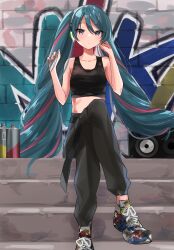 Rule 34 | 1girl, absurdres, alternate costume, black pants, blush, bottle, brick wall, closed mouth, collarbone, commentary, crop top, crossed legs, expressionless, eyelashes, eyes visible through hair, graffiti, green eyes, green hair, green nails, hair between eyes, hands up, hatsune miku, highres, long hair, looking at viewer, multicolored hair, nail polish, outdoors, pants, pink hair, ponpon nun, red nails, shoes, sitting, sitting on stairs, sneakers, solo, speaker, spray can, stairs, streaked hair, twintails, very long hair, vocaloid, white footwear