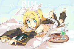 Rule 34 | 1girl, :p, barefoot, blonde hair, candy, cherry, drink, feet, female focus, food, fruit, gradient background, hair ornament, hair ribbon, hairclip, headphones, headset, heart, kagamine rin, lying, on stomach, pillow, plate, raku, ribbon, short hair, shorts, sketch, solo, tongue, tongue out, vocaloid