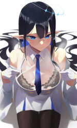 Rule 34 | 1girl, absurdres, black bra, black hair, blue archive, blue eyeliner, blue eyes, blue hair, blush, bra, bra visible through clothes, breasts, collared shirt, colored inner hair, doroti., elf, eyeliner, from behind, glasses, halo, highres, jacket, large breasts, long hair, long sleeves, looking at viewer, multicolored hair, pantyhose, parted lips, pointy ears, rin (blue archive), round eyewear, see-through, shirt, sitting, skirt, solo, underwear, very long hair, wet, wet clothes, wet shirt, white jacket, white shirt, white skirt