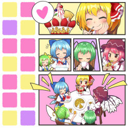 Rule 34 | 5girls, :d, ^ ^, antennae, bird wings, blonde hair, blue hair, bow, chair, cirno, closed eyes, cup, daiyousei, dress, drinking, fairy wings, fang, food, green hair, hair bow, hair ribbon, hand on own cheek, hand on own face, hat, heart, ice cream, jagabutter, multiple girls, mystia lorelei, open mouth, pizza, red eyes, ribbon, rumia, shirt, short hair, sitting, smile, spoken heart, table, team 9 (touhou), touhou, vest, wavy mouth, wings, wriggle nightbug