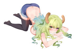 Rule 34 | 10s, 1girl, absurdres, ass, black thighhighs, blonde hair, blue eyes, breasts, butt crack, closed mouth, dragon girls, dragon horns, eyebrows, gradient hair, green eyes, heterochromia, highres, horns, kobayashi-san chi no maidragon, large breasts, long hair, looking at viewer, lucoa (maidragon), multicolored hair, simple background, solo, thighhighs, top-down bottom-up, white background, ze (wzfnn001)