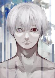 Rule 34 | 1boy, akahara (akaharaillust), blue background, closed mouth, collarbone, commentary request, grey background, grey eyes, heterochromia, highres, kaneki ken, looking at viewer, male focus, portrait, red eyes, short hair, solo, tokyo ghoul, white hair