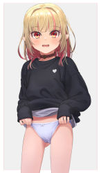 Rule 34 | 1girl, black sweater, blush, border, bow, bow panties, brown collar, collar, cowboy shot, fang, gluteal fold, grey background, grey hair, grey panties, hair down, heart, highres, lifting own clothes, long hair, looking at viewer, makaino ririmu, multicolored hair, nijisanji, no pants, open mouth, panties, panty lift, pink hair, pointy ears, red eyes, sabamen, simple background, skin fang, sleeves past wrists, solo, streaked hair, sweatdrop, sweater, two-tone hair, underwear, virtual youtuber, white border