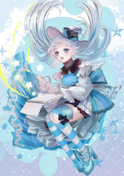 Rule 34 | 1girl, back bow, bare shoulders, blue bow, blue dress, blue eyes, blue footwear, blue thighhighs, blush, bow, dot nose, dress, floating hair, full body, grey hair, grey hat, hat, hat bow, high heels, highres, holding, holding notebook, holding paintbrush, invisible chair, komorihikki, legs together, long hair, long sleeves, notebook, off-shoulder dress, off shoulder, open mouth, original, paintbrush, puffy long sleeves, puffy sleeves, raised eyebrows, short dress, sitting, solo, star (symbol), striped clothes, striped thighhighs, teeth, thighhighs, upper teeth only, white thighhighs, witch, witch hat