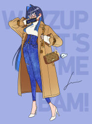 Rule 34 | 1girl, absurdres, arm up, bag, blue eyes, blue hair, blue nails, blue pants, blunt bangs, blush, boros (ouro kronii), breasts, brown coat, cellphone, coat, colored inner hair, covering own mouth, denim, ear piercing, english text, fingernails, hair intakes, hand over own mouth, handbag, high-waist pants, high heels, highres, holding, holding bag, holding phone, hololive, hololive english, jeans, jennie congee, jewelry, large breasts, long hair, long legs, long sleeves, looking at viewer, medium breasts, multicolored hair, nail polish, official alternate costume, open clothes, open coat, ouro kronii, ouro kronii (casual), pants, phone, piercing, shirt, shoes, signature, simple background, smartphone, torn clothes, torn pants, trench coat, turtleneck, two-tone hair, very long hair, virtual youtuber, white background, white footwear, white shirt