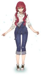 Rule 34 | 1girl, absurdres, aqua eyes, asymmetrical bangs, cross, cross necklace, full body, haine, hair tie, highres, jewelry, long hair, long sleeves, nail polish, necklace, original, overalls, pants, pants rolled up, pigeon-toed, red hair, red nails, shirt, shoes, sleeves pushed up, smile, solo, standing, suspenders, suspenders slip, torn clothes, twintails, white footwear, white shirt