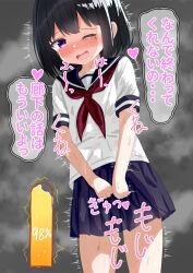 Rule 34 | 1girl, absurdres, between legs, black hair, blue sailor collar, blue skirt, blush, collarbone, commentary request, cowboy shot, drooling, embarrassed, flat chest, grey background, hand between legs, have to pee, heart, highres, momen 102, neckerchief, nose blush, one eye closed, open mouth, original, paid reward available, pleated skirt, purple eyes, raised eyebrows, red neckerchief, sailor collar, sailor shirt, saliva, school uniform, serafuku, shirt, short hair, short sleeves, sidelocks, skirt, solo, sound effects, standing, tearing up, tears, translation request, urine meter, white shirt