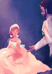 1boy 1girl anastasia_(1997) anya_(anastasia) aydanadhira beard blue_eyes bow brown_hair commentary crown dress english_commentary facial_hair father_and_daughter gown hair_bow highres long_dress long_sleeves nicholas_ii_(anastasia) ponytail princess red_hair swept_bangs