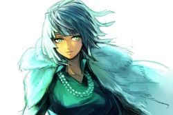 Rule 34 | 1girl, breasts, closed mouth, coat, collared dress, commentary request, dress, fubuki (one-punch man), fur trim, green dress, green eyes, green hair, hungry clicker, jewelry, large breasts, looking at viewer, necklace, one-punch man, pearl necklace, simple background, solo, white background, wing collar