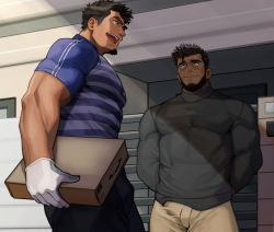 Rule 34 | 2boys, bara, beard, black hair, black pants, black shirt, blue shirt, blush, box, brown pants, bulge, closed mouth, day, delivery, employee uniform, erection, erection under clothes, facial hair, gloves, goatee, holding, holding box, large pectorals, looking at another, male focus, multiple boys, muscular, muscular male, open mouth, original, outdoors, package, paid reward available, pants, pectorals, shirt, short hair, sideburns, smile, tarutoru, uniform, white gloves