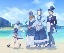 Rule 34 | +++, 1boy, 3girls, ahoge, arms behind back, black footwear, blue dress, blue footwear, blue hair, blue headwear, blue pants, blue sleeves, character request, closed eyes, closed mouth, commentary, damachu00, dark-skinned female, dark skin, dress, english commentary, facial hair, furina (genshin impact), game screenshot background, genshin impact, gloves, hat, highres, long hair, long sleeves, looking at another, multiple girls, mustache, outdoors, pants, short hair, shorts, sky, top hat, white gloves, white shorts