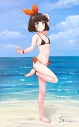 Rule 34 | 1girl, ankle strap, aposine, arm up, bare shoulders, barefoot, beach, bikini, black bikini, blue eyes, blue sky, blunt bangs, blush, blush stickers, bob cut, borrowed character, bow, breasts, cloud, collarbone, commentary, day, full body, hair bow, highres, horizon, leg up, looking at viewer, navel, ocean, orange bikini, original, outdoors, ribbon, short hair, side-tie bikini bottom, signature, sky, small breasts, smile, solo, standing, standing on one leg, stomach, swimsuit, v, water, wristband